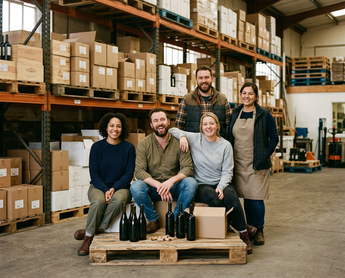 Five people sitting on a pallet in front of stacked wine cases in a wholesale warehouse. Generated image.