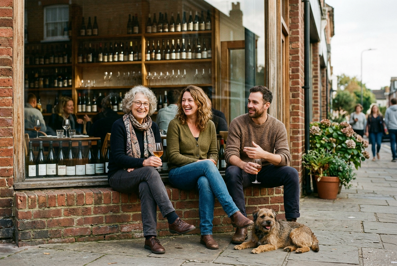 Three people with glasses of wine sitting on a brick ledge outside a neighbourhood wine bar, with a dog at their feet. Generated image.
