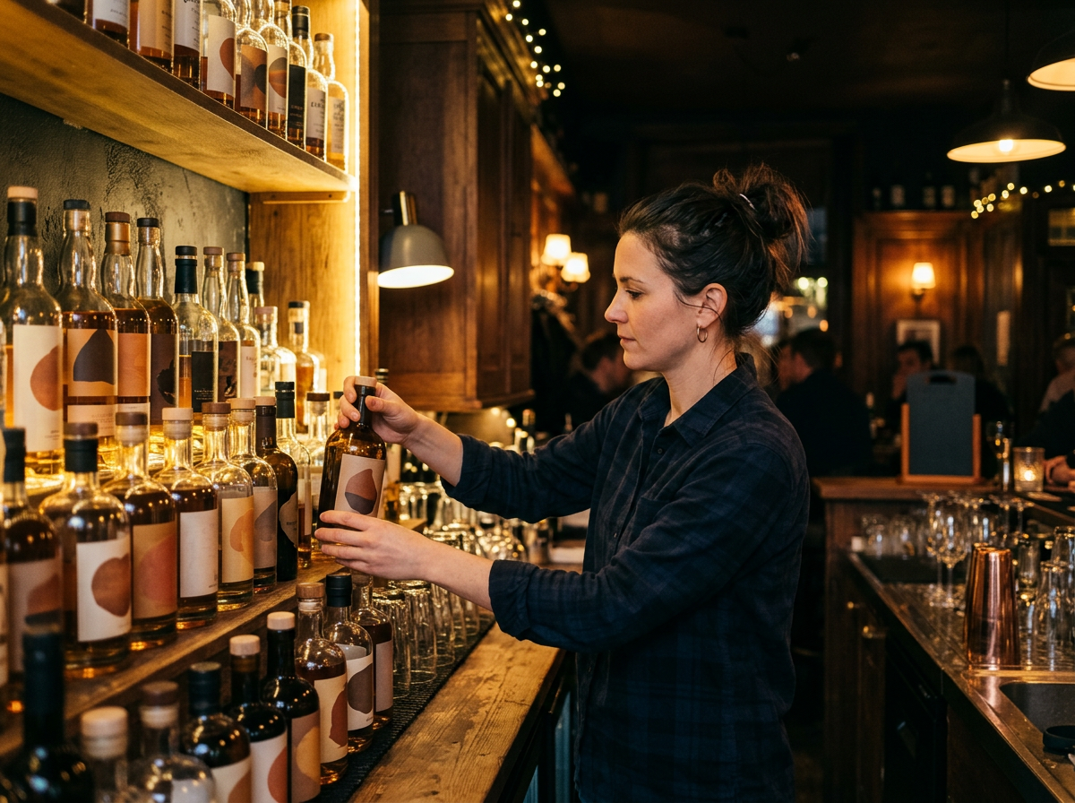 A bar owner arranging spirit bottles on a back-bar shelf. Generated image.