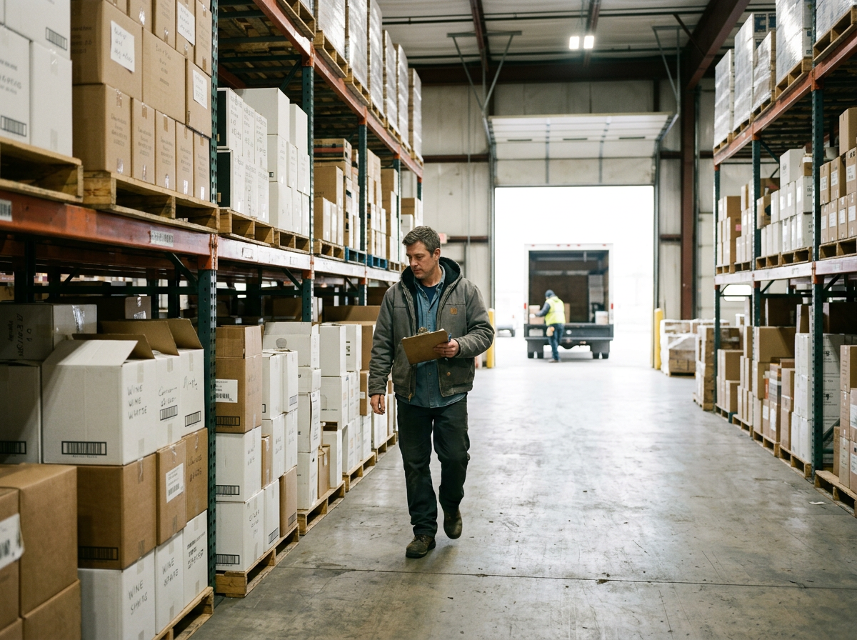 A warehouse manager with a clipboard walking past pallets of wine cases. Generated image.