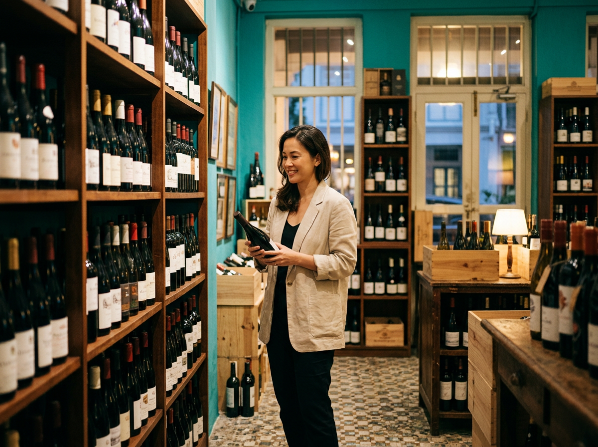 A wine merchant holding a bottle in a shophouse wine shop. Generated image.
