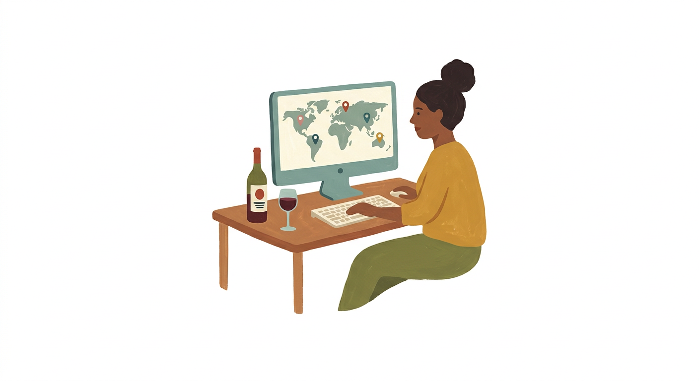 Illustration of a woman at a desk searching a world map for importers.