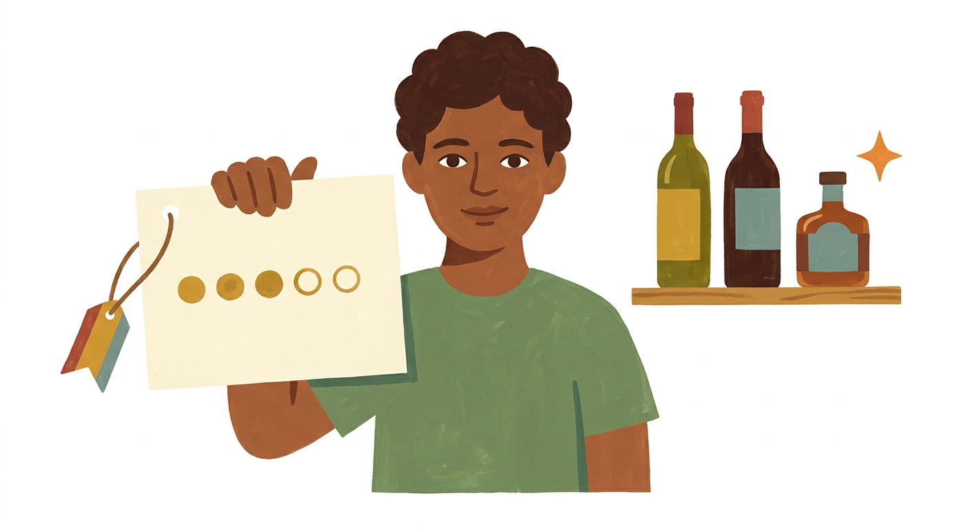 Illustration of a person holding a scorecard beside a shelf of wine and spirits.