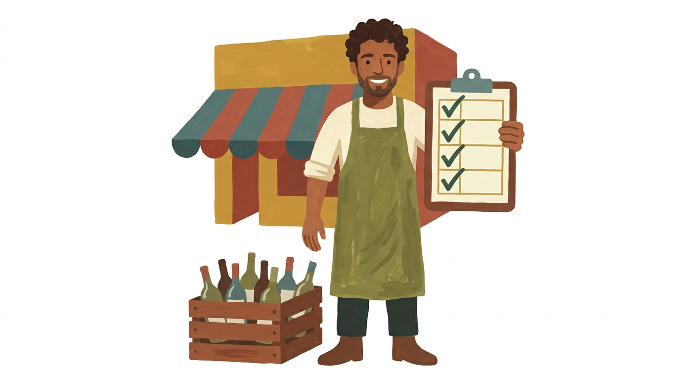 Illustration of a shop owner holding a checklist with four ticks.